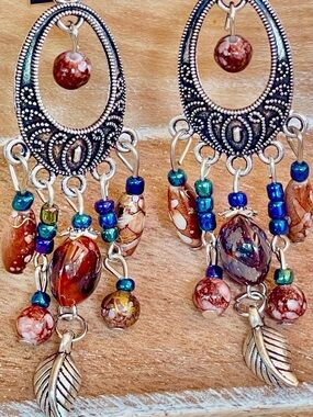 Boho Brown with Blue Accent Beaded Dangle Earrings with Silver Feather Accent
